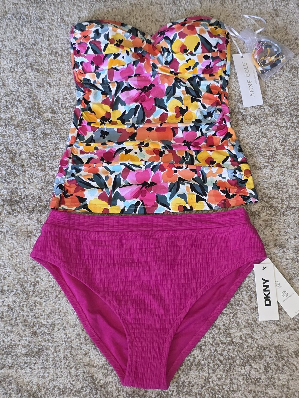 NWT Anne Cole Ruched Bandeau Tankini Top S DKNY Tummy Control Bikini Bottoms M